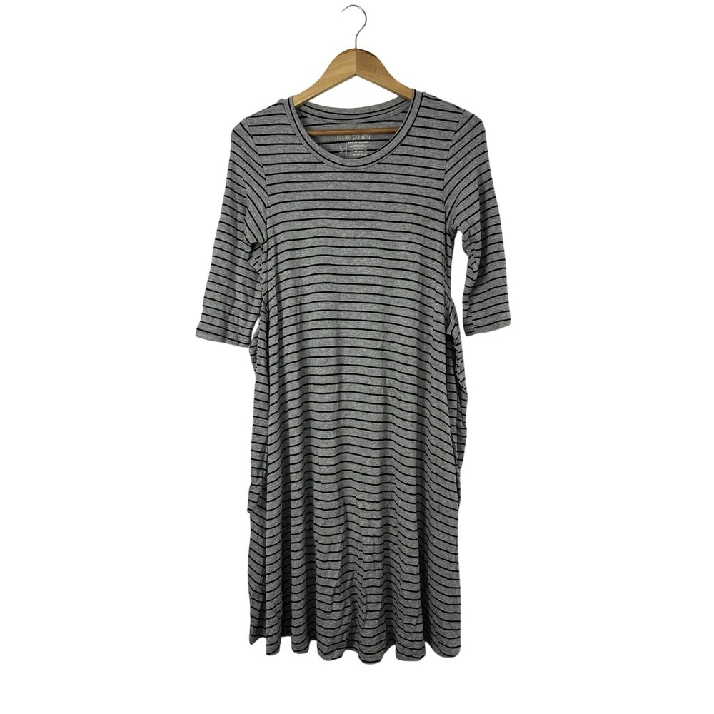 Latched Mama Nursing Dress Small Gray Black‎ Striped Tie Back 3/4 Sleeve Pockets